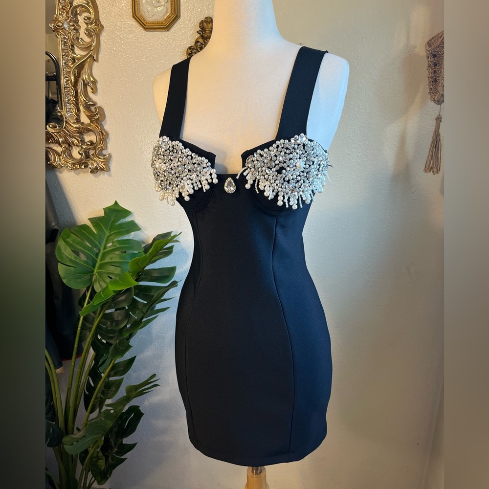 Sparkly Embellished Sweetheart Bandage Black Cocktail Mini Dress Medium NYE LBD